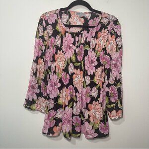 Floral & Ivy Women’s Black Pink Floral feminine Blouse Top in M Flowy 3/4 Sleeve